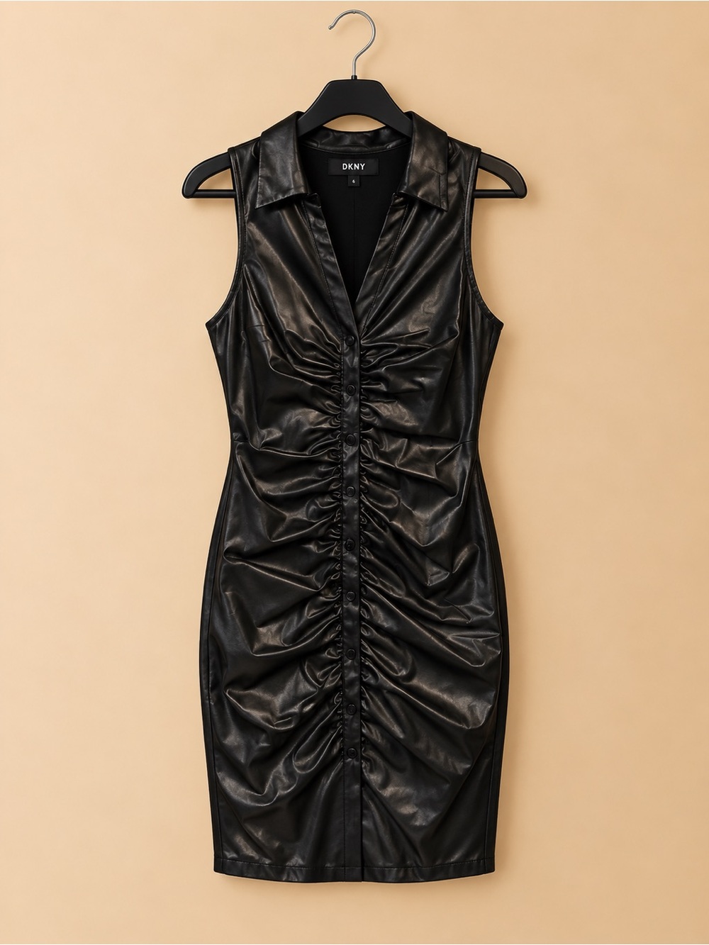 VENUS Black Sleeveless Faux Leather Ruched Button-Front Mini Dress